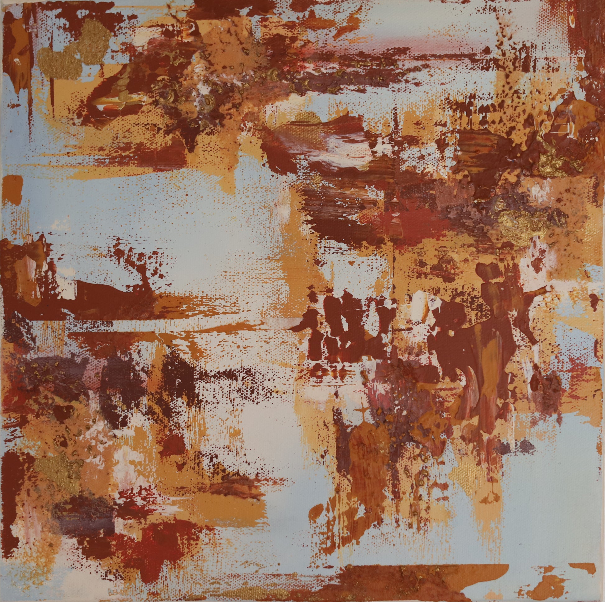 Abstract art piece with brown, orange, and beige colors on a textured surface.